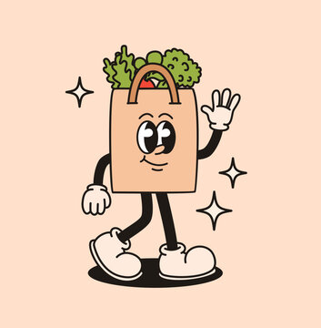 Groovy retro character grocery bag. Flat vector illustration.