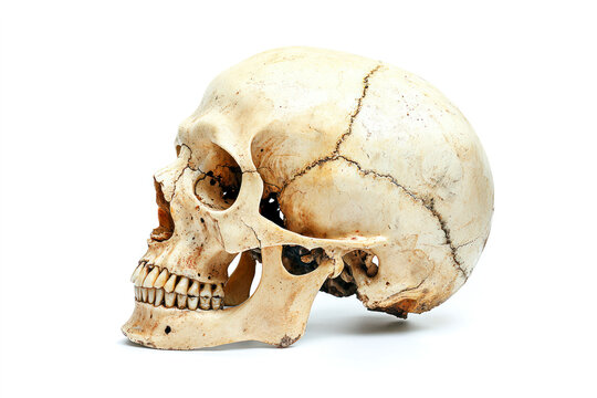 Human skull on isolated white background, side view.