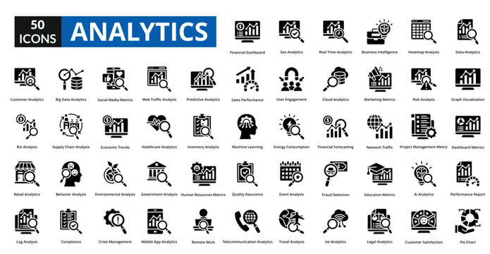 analytics icon set collection. data analytics, graph visualization, dashboard metrics, performance report, pie chart, financial, seo analytics, real time analytics, business intelligence
