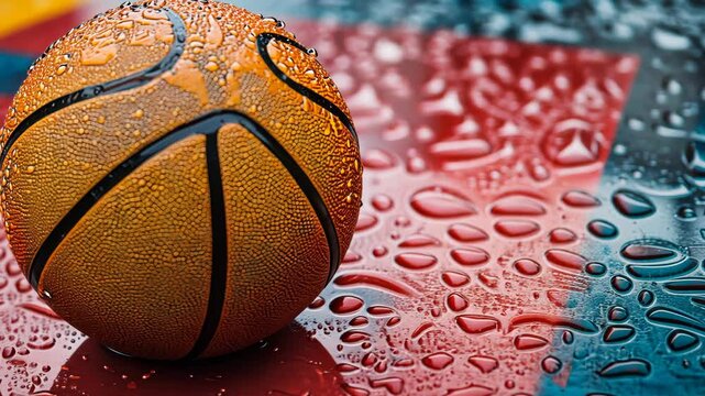 Basketball dripping with rainwater on a court, showcasing vibrant colors and dynamic reflections during a wet day