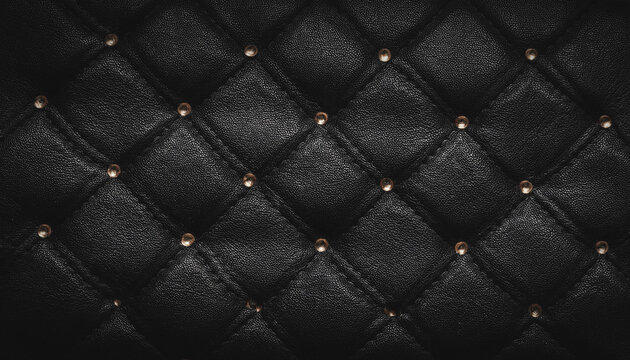 A close-up of a textured black genuine leather surface with a diamond stitch pattern and small golden studs, an elegant dark, luxury, sexy background