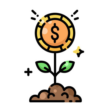 Gold coin flower growing in soil with green leaves. Perfect for financial concepts, growth, investments, naturethemed designs, and business presentations.