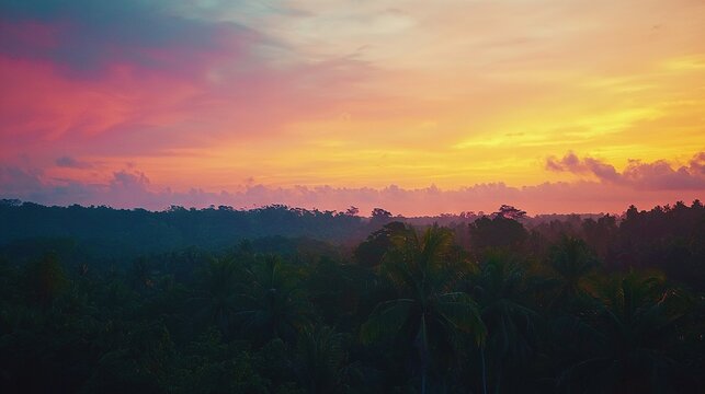   Sunset over tropical jungle with plane in fg, pink/yellow sky in bkg