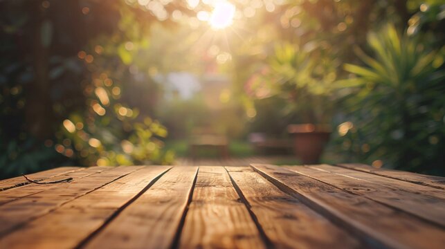 07240954 193. A smooth wooden table in the foreground, with a blurred background of a sunlit garden, capturing the essence of a tranquil and relaxed environment