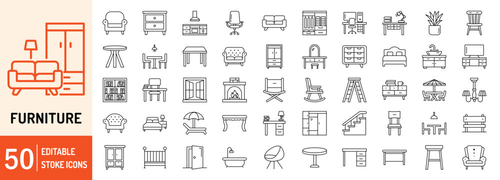 Furniture editable stroke outline web icons set. Furniture, dining table, bed, couch, tv table, office chair, dressing table, book self, window and door. Vector illustration