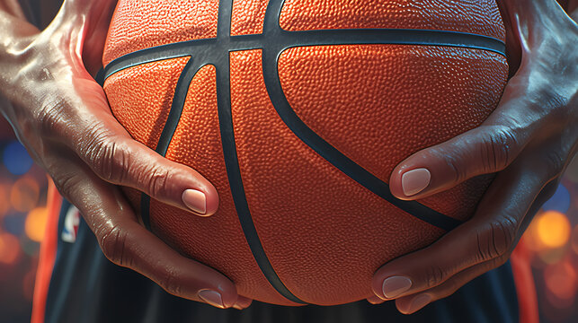 Intense close-up of hands gripping an orange and black basketball, with detailed textures and a wooden court background.