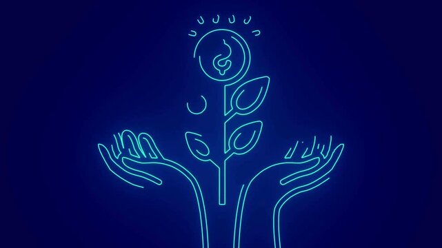 growing tree animation with blue abstract two hands growing money 4k footage