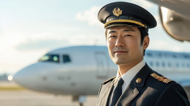 Confident Airline Pilot Standing by Aircraft on Tarmac in Uniform with Cap on a Sunny Day