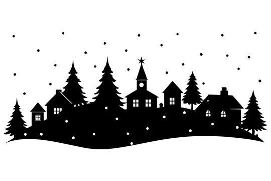 Christmas scene vector silhouette, christmas village clipart, merry christmas, christmas tree
