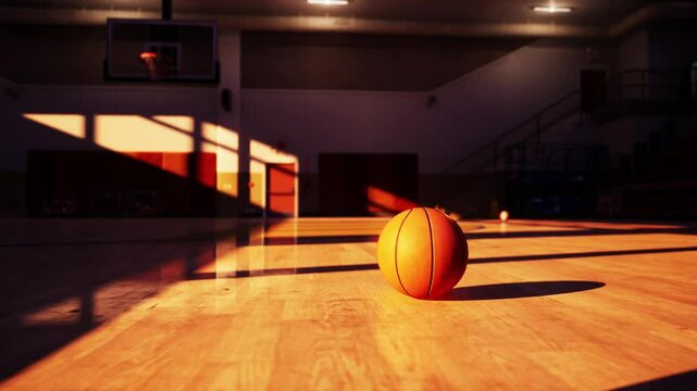 A basketball rests atop a glossy hardwood floor in an old empty basketball court.