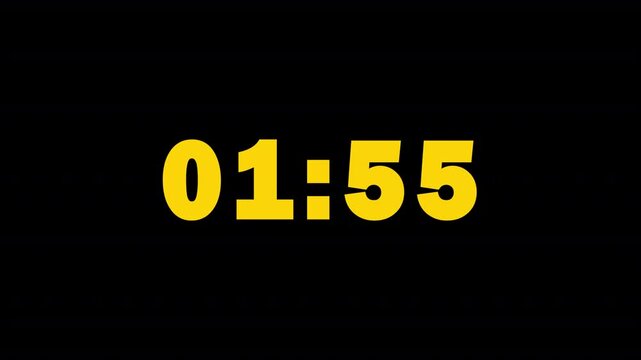 2 minutes timer of yellow colour numbers with black background, 2 minutes countdown timer animation, clock ticking of 2 minutes, deadline of 2 minutes.