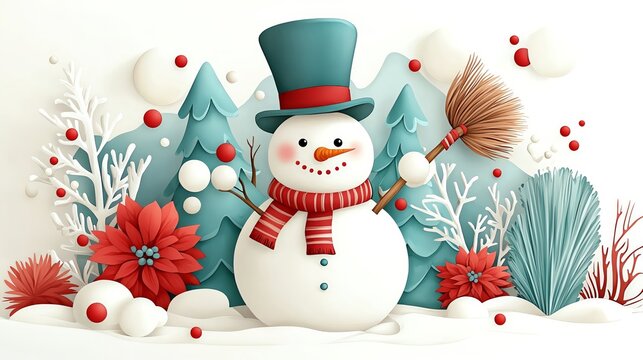 Watercolor snowman with a top hat and scarf, holding a broom in a snowy scene, watercolor Christmas clipart, winter character