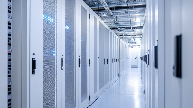 A large data center with rows of white server cabinets. These servers are powered by advanced cloud computing and supercomputers, used for training artificial intelligence.