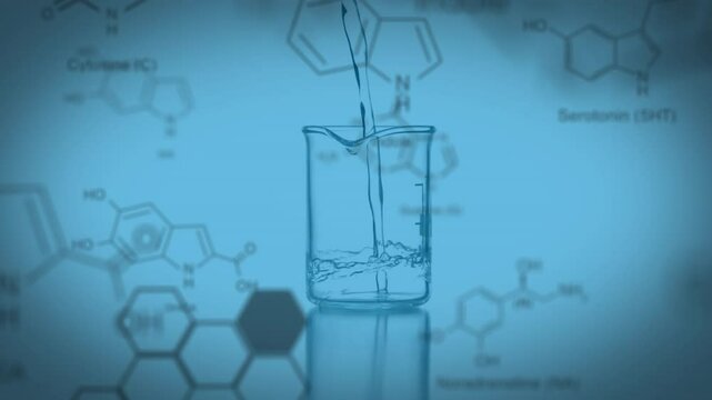 Pouring liquid into beaker, chemical structures and formulas in background animation