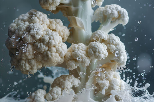 A close up of cauliflower with water droplets surrounding it