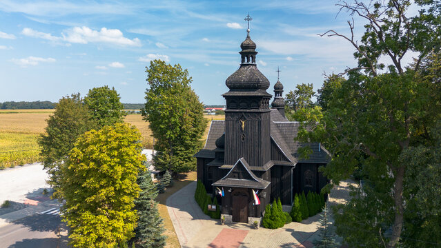 Church of St. Bartholomew the Apostle, Biskupice Ołoboczne. Trail of wooden buildings and churches in Wielkopolska, Poland.