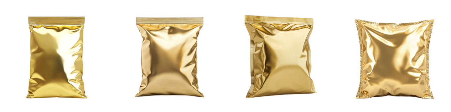 set of A Gold foil pillow bag for potato chip packaging, This is a 3D rendering and a mockup template on a transparent background