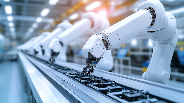 Industrial robotic arms assemble lithium-ion battery for electric vehicle. Row of white robotic arms on automated production line in bright modern factory. Electric vehicle production