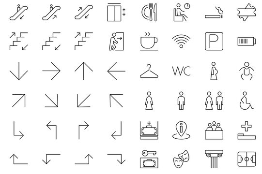 Wayfinding icons set. Toilet or wc sign. Line icons navigation arrows, parking, restroom, elevator, wifi, lift, ticket office, museum, stadium, theater, luggage storage, waiting room, cafe. Editable