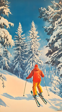 A vintage postcard shows with man skiing down snowy mountains