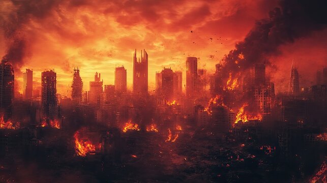 A dystopian city skyline burning under a crimson sky with crumbling buildings and fleeing civilians, a harrowing scene of urban chaos and destruction