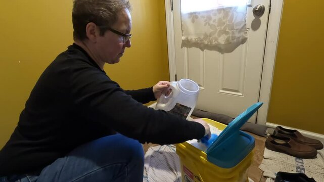 woman filling up salt buckets after the snow storm