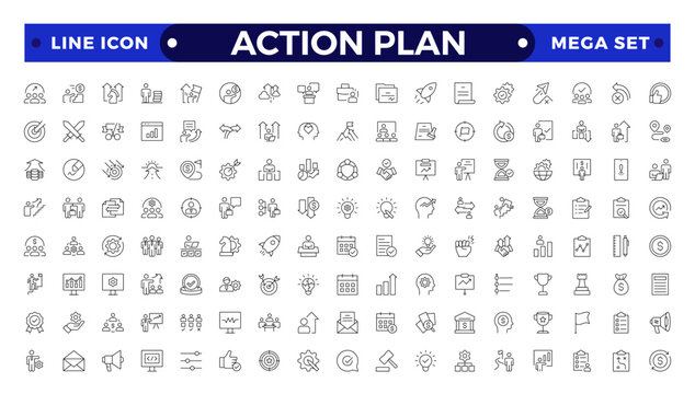 Action plan outline icon set. Containing planning, schedule, strategy, analysis, tasks, goal, collaboration, startup, steps, target and objective icons. Outline icon collection.