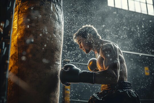 Young boxer training intensely with a punching bag in a gym