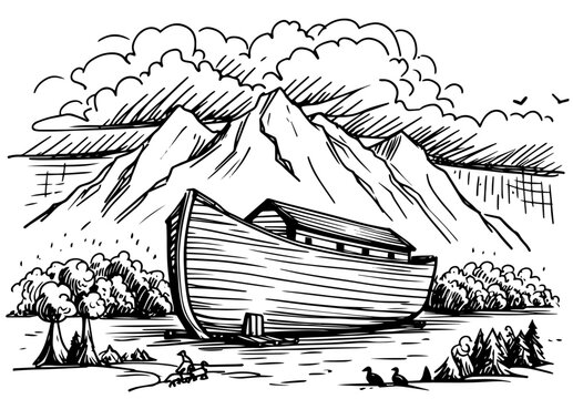 hand-drawn sketch of noah's ark in black and white vector illustration