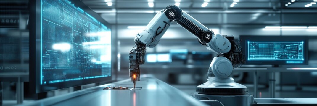 A robotic arm meticulously assembles intricate machinery in a modern lab, surrounded by glowing panels and advanced holographic technology. Generative AI