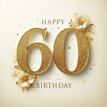 Elegant golden 60th birthday celebration design with floral accents.