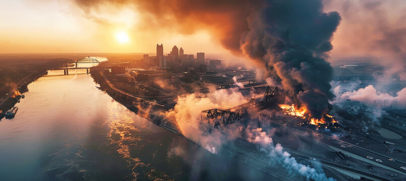 Aerial view of a bridge explosion in St. Louis, with smoke rising and the city skyline in the background at sunset