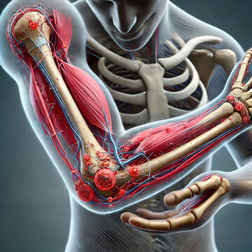 3D close-up image of a patient with tennis elbow, showing the inflammation of the tendons connecting the forearm muscles to the lateral epicondyle of the elbow. damaged tendons.