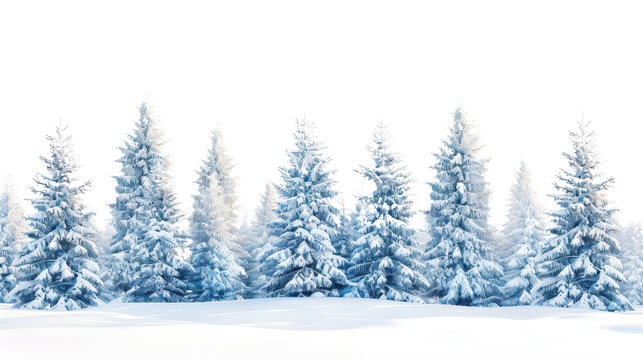 Winter landscape with pine trees covered in snow on white background