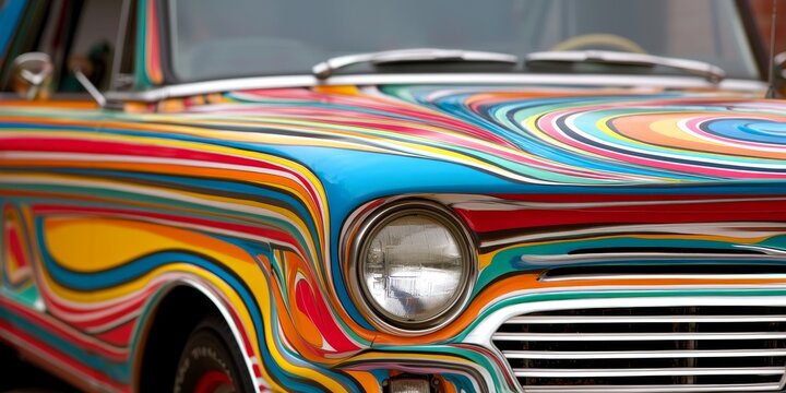 Rainbow Classic Car: A vibrant, psychedelic paint job transforms a vintage automobile into a rolling artwork.  Close-up shot showcasing swirling colors and intricate details. 