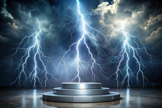 Modern podium with lightning and storm inspired background in forced perspective