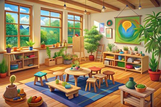 A whimsical private Waldorf school cartoon vector set showcasing a warm classroom, captivating storytelling, holistic