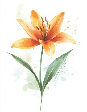 Watercolor orange lily flower isolated on white