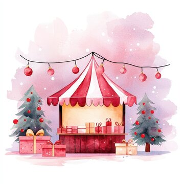 A Christmas market scene clipart, holiday shopping element, watercolor illustration, festive stalls, isolated on mauve background