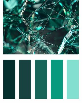 Turquoise color palette, broken glass. Fashion concept, brand layout. A guide to tone and color. Various color solutions. 