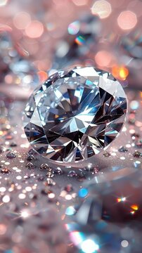 A dazzling diamond rests amid shimmering gems on a soft backdrop in bright lighting