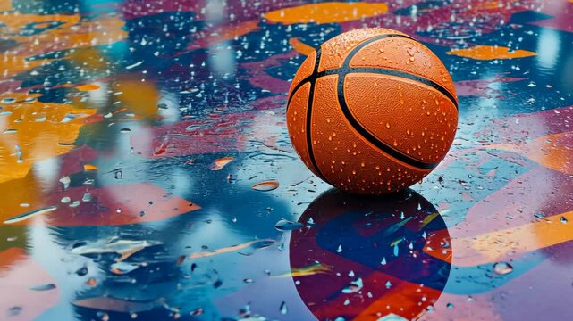 A basketball sits on a wet, colorful court after a rainy day