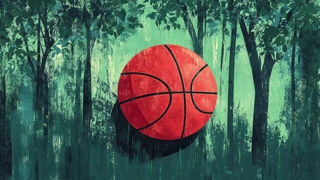 Vibrant Red Basketball Against Forest Green Background for Sports and Design Use (Zoom In Video)