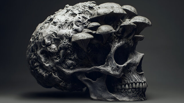 Eerie and Graphic Side Profile of a Distorted Monster Skull with Dark Mushroom Elements