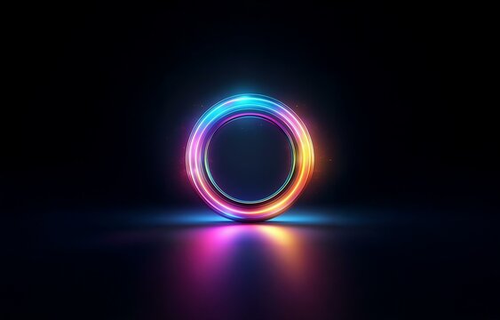 A glowing, iridescent ring stands on a dark, reflective surface.