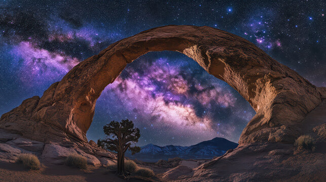 Desert Rock Arch Under the Stars: Milky Way Framed by Ancient Bristlecone Pine, a Stunning Astro-Landscape Capture in National Geographic Style.