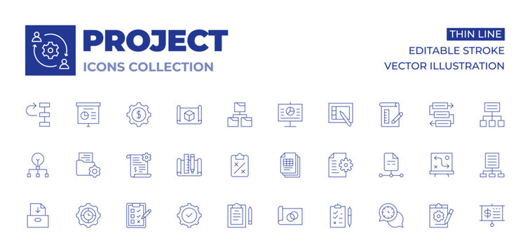 Project icons collection. Thin Line icons, editable stroke. blueprint, file, development, gear, presentation, project, priority, project management, strategy, use case