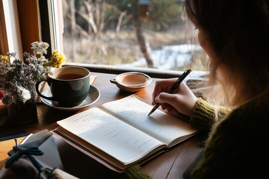 Woman journaling by a window with a cup of tea