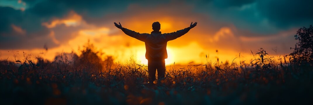 A man is standing in a field with his arms raised in the air, looking up at the sun. The scene is serene and peaceful, with the sun setting in the background