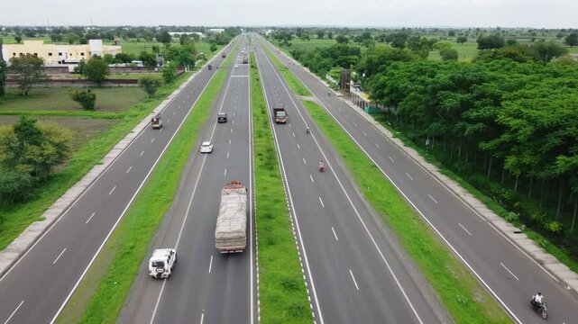 aerial view of Mumbai Nagpur highway. traffic moving on Indian highway